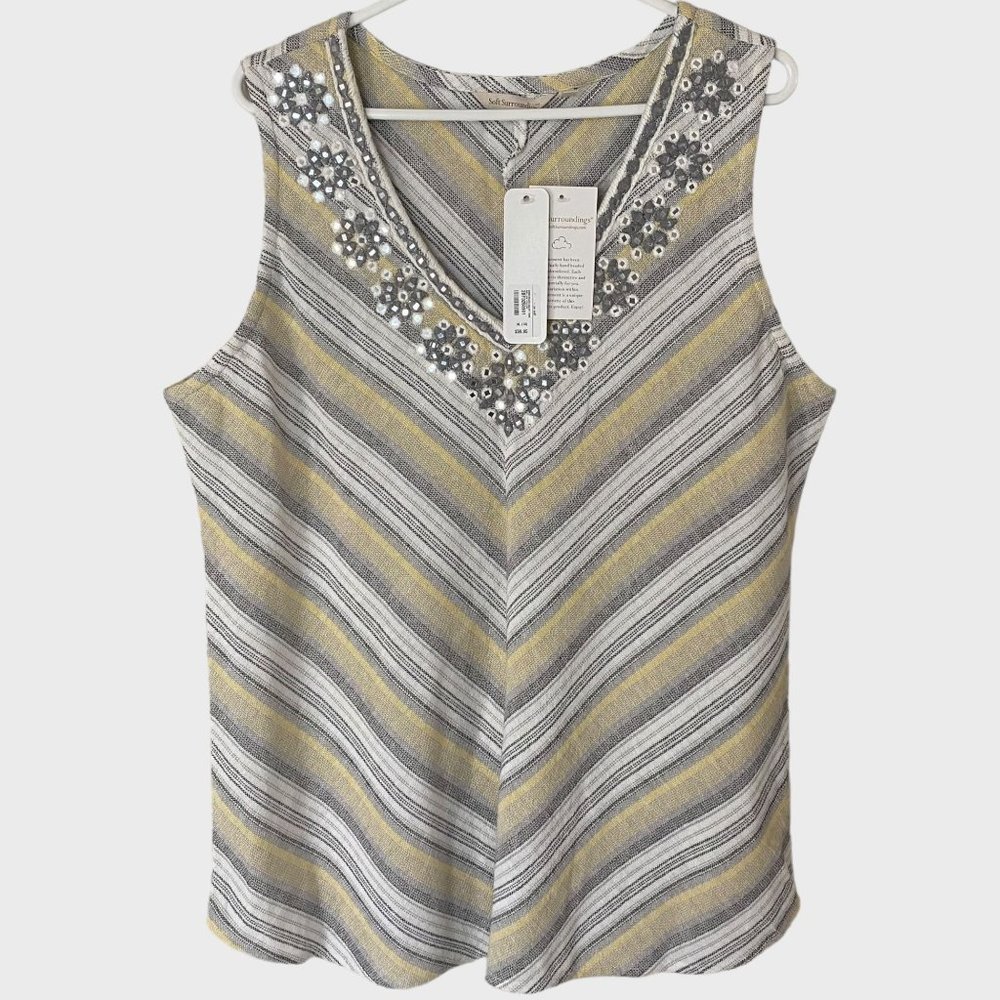Soft Surroundings Nissi Beach Gauze Tank Womens XL Grey & Yellow Hand Beaded NEW